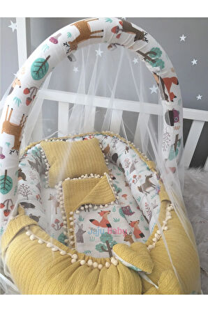 Nest Sarı Örgü Pike Kumaş Ve Orman Ponpon Jaju-babynest Oyuncak Aparat Ve Tül Set