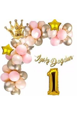 Lüks Pembe Gold Doğum Günü 1 Yaş Balon Seti