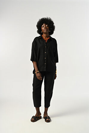 KADIN %100 KETEN TRUVAKAR KOLLU DÜZ RENK TEK CEPLİ GÖMLEK