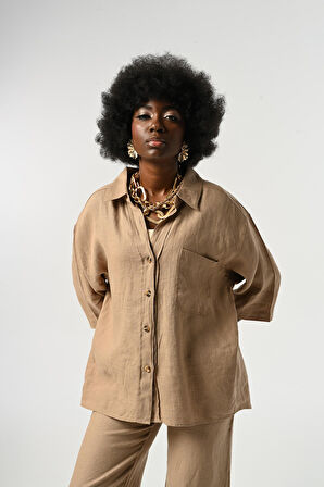 KADIN %100 KETEN TRUVAKAR KOLLU DÜZ RENK TEK CEPLİ GÖMLEK