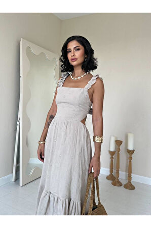 Kolu fırfırlı arkadan bağlama detaylı müslin  kumaş uzun elbise