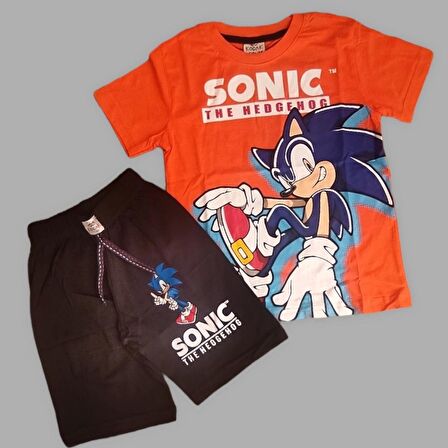 Sonic Desenli Turuncu Renk Şortlu Takım