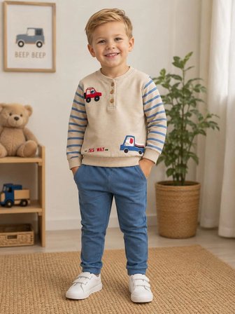 Babexi Erkek Çocuk Takım Krem Bisiklet Yaka Pamuk Uzun Kollu Desenli Pantolonlu