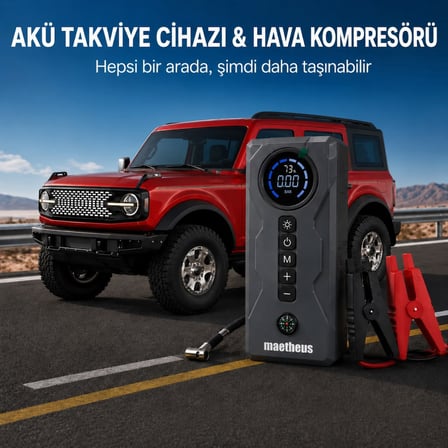 4-in-1 16000mAh Akü Takviye Cihazı | 150 PSI Kompresör | Powerbank | LCD Ekran | LED Fener | EVA Çanta | 2000A Tepe Akım