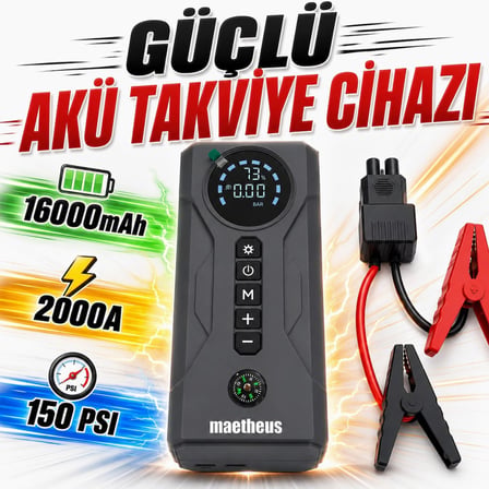 4-in-1 16000mAh Akü Takviye Cihazı | 150 PSI Kompresör | Powerbank | LCD Ekran | LED Fener | EVA Çanta | 2000A Tepe Akım