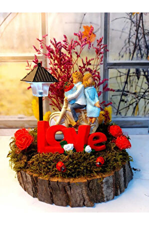 Sevgiliye Hediye Bisikletli Sevgililer Kuru Çiçekli Işıklı Kütük Teraryum