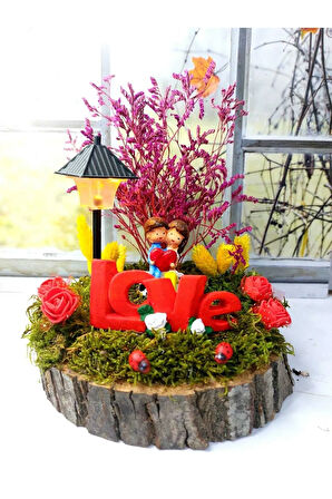 Kalp Tutan Sevgili Hediye Kuru Çiçekli Işıklı Kütük Teraryum