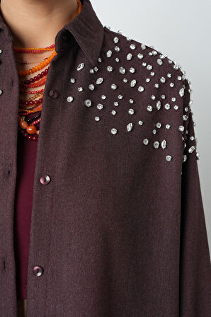 Kadın Robası Taş İşlemeli Oversize Kesim Tesettür Gömlek