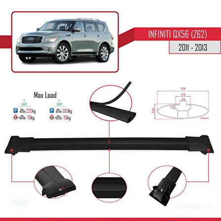 IInfiniti QX56 (Z62) 2011-2013 Arası ile Uyumlu FLY Model Ara Atkı Tavan Barı Siyah 3 Adet