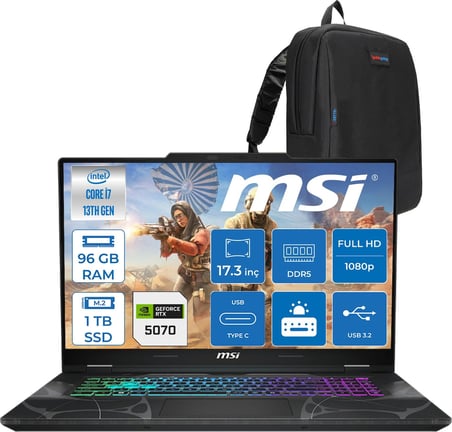 MSI Msı Cyborg 17 Intel Core I7 13620H 96GB Ddr5 1tb SSD RTX5070 Gddr7 8gb Freedos 17.3" Fullhd (1920X1080) 144HZ IPS Taşınabilir Bilgisayar B13WGKG251XTRF38 + Zetta Çanta
