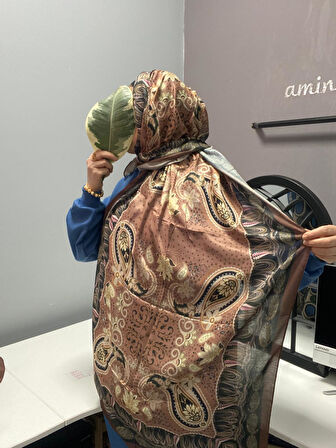 Aminenesil Modakaşmir Etnik Desen Soft Pamuk Şal Sütlü Kahve Renk