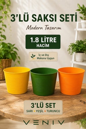 3’lü Renkli Saksı Seti – 1.8 Litre | Dekoratif ve Modern Tasarım