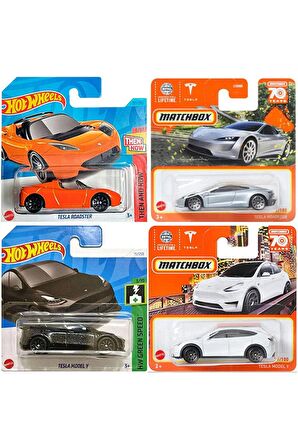 Tesla 4 Araç Set - Hot Wheels & Matchbox - Tesla Model Y & Tesla Roadster (1:64)