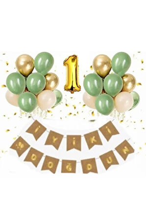 1 Yaş Kraft Gold Varaklı Iyi Ki Doğdun Banner Krom Gold Küf Yeşili Deniz Kumu Balon Set