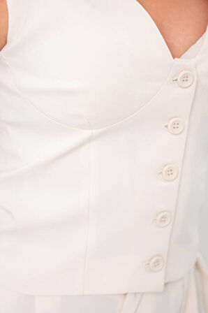 Düğmeli Pile Detaylı Palazzo Pantolon Yelek Takım TKM16009