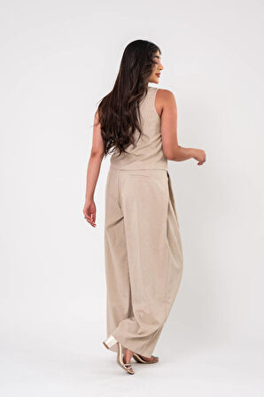 Düğmeli Pile Detaylı Palazzo Pantolon Yelek Takım TKM16009