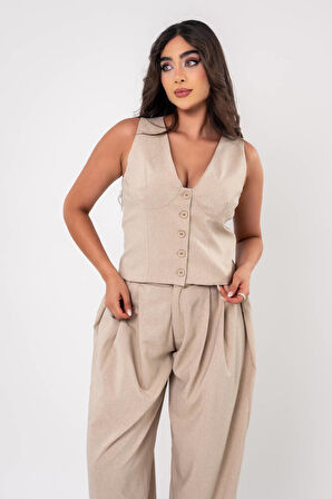 Düğmeli Pile Detaylı Palazzo Pantolon Yelek Takım TKM16009