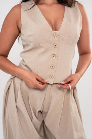 Düğmeli Pile Detaylı Palazzo Pantolon Yelek Takım TKM16009