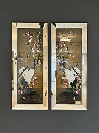 Dekoratif Aynalı Turna ve Çiçek Tablo (Çiftli Set)