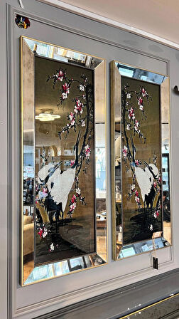 Dekoratif Aynalı Turna ve Çiçek Tablo (Çiftli Set)