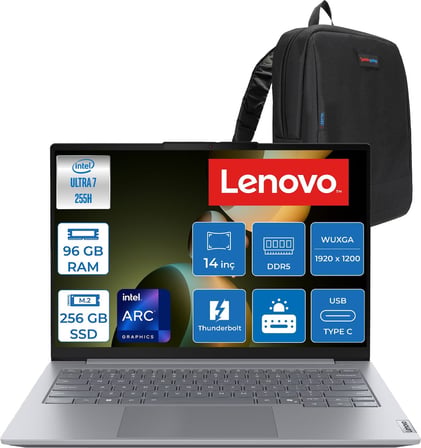 Lenovo Thinkbook 14 Gen8 Ial Intel Core Ultra 7 255H 5.1ghz 96GB Ddr5 256GB SSD Freedos Intel Arc 140T 14 Inç Wuxga (1920 x 1200) IPS 300NITS Taşınabilir Bilgisayar 21SJ007ATXF50 + Zetta Çanta