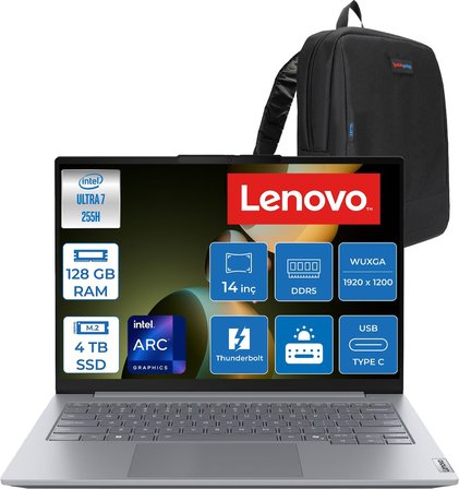 Lenovo Thinkbook 14 Gen8 Ial Intel Core Ultra 7 255H 5.1ghz 128GB Ddr5 4tb SSD Freedos Intel Arc 140T 14 Inç Wuxga (1920 x 1200) IPS 300NITS Taşınabilir Bilgisayar 21SJ007ATXF61 + Zetta Çanta