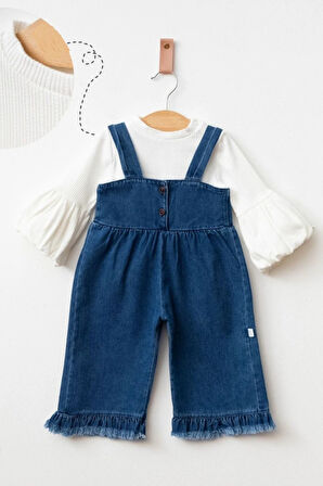 Kız Bebek Jean Püsküllü Salopet Ve Pamuklu Body 2'li Takım