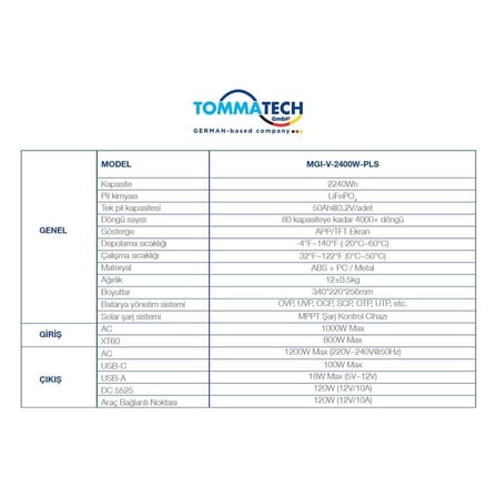 Tommatech 2400W Taşınabilir Güç Kaynağı Power Station V Serisi