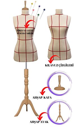 Kılavuz Çizgili 38 Beden Sünger Iğne Batabilen Keten Kumaş Terzi Mankeni Prova Mankeni