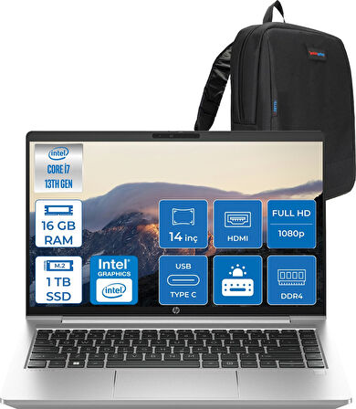 Hp Probook 440 G10 Intel Core I7 1355U 16GB 1tb SSD Iris® Xe Graphics Freedos 14" IPS Fullhd (1920X1080) 250NITS Taşınabilir Bilgisayar 968L9ETF08 + Zetta Çanta