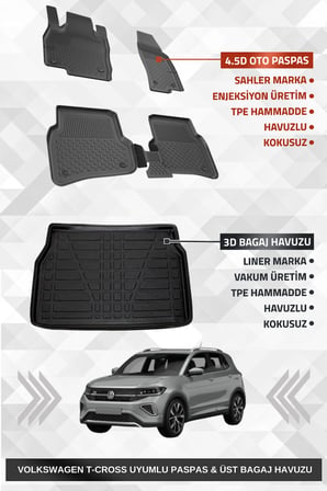 Sahler Volskwagen T-Cross 2022+ Uyumlu 4.5D Premium Havuzlu Oto Paspas Ve Liner Marka 3D Üst Bagaj Havuzu