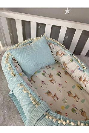 Nest Mavi Wafle Pike Kumaş Geyik Tasarım Ponponlu Jaju-babynest Anne Yanı Bebek Yatağı