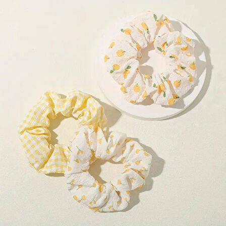 Çiçek Desenli Saç Tokası Seti, Beyaz ve Sarı, Pamuklu Kumaş, 10cm x 8cm, Ekose ve Çiçek Desenli, 5'li Paket
