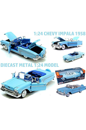 Mavi Chevy Impala 1958 Diecast Model 1.24 Metal Araba Orjinal Motormax