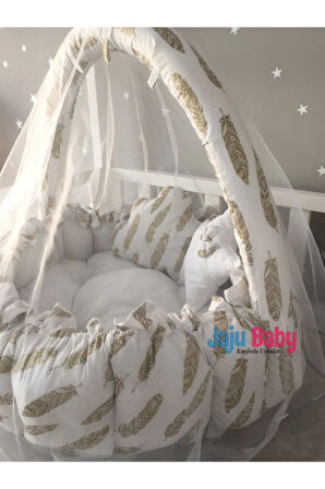 Nest Altın Tüy Desenli Lüx Oyun Minderi Jaju Babynest Cibinlik Tül Oyuncak Aparat Set