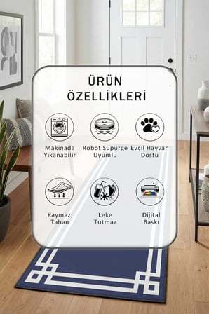 Çerçeve Klasik Zemin Lacivert Beyaz Modern Dijital Baskı Yıkanabilir Kaymaz Yolluk Halı Bey