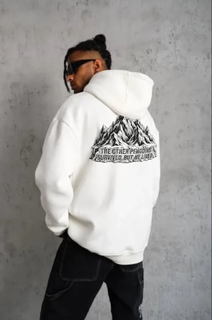 Erkek Nihilist Penguen Temalı Oversize Kapüşonlu Sweatshirt - Beyaz