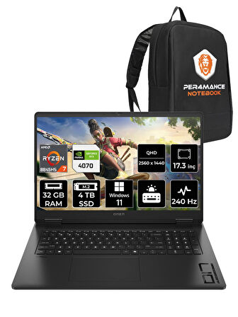 HP OMEN 17 R7 8845HS 32GB RAM 4TB SSD RTX4070/8GB 240Hz 17.3'' QHD W11H Gaming Laptop & PER4 ÇANTA
