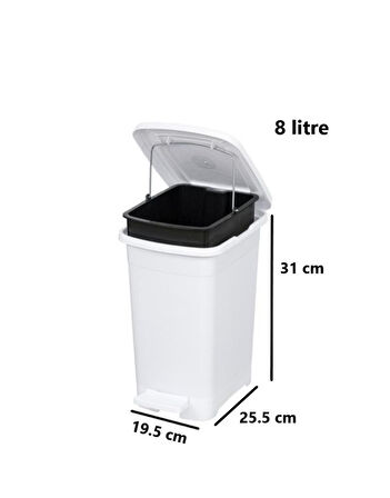 Omnipazar ELF-İ344 Slim Pedallı Plastik Çöp Kovası İç Kovalı 8 lt Beyaz