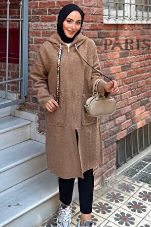 Fermuarlı Çift Cepli Buklet Kaban