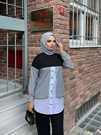 Çizgi Detaylı Gömlek Tunik Alt Üst Takım