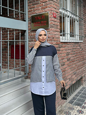 Çizgi Detaylı Gömlek Tunik Alt Üst Takım