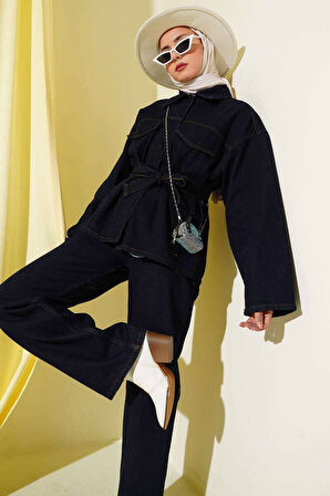 Belden Bağlama Detaylı Denim Dot Takım 