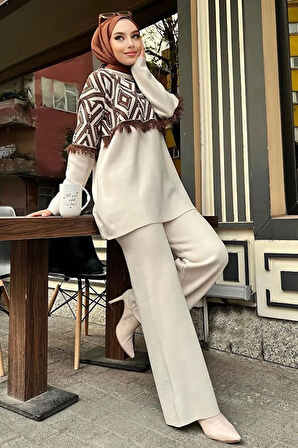 Fırfırlı Bej Triko Tunik Pantolon Ikili Takım