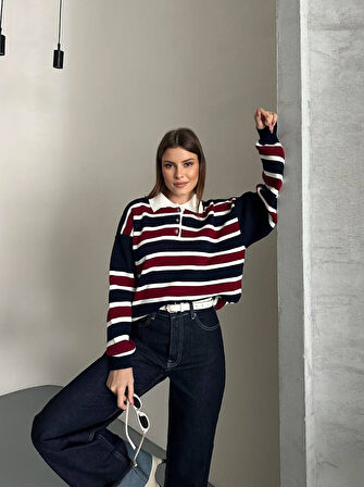 Çizgi Detaylı Düğme Yaka Triko Kazak