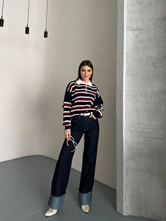 Çizgi Detaylı Düğme Yaka Triko Kazak