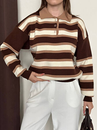 Çizgi Detaylı Düğme Yaka Triko Kazak