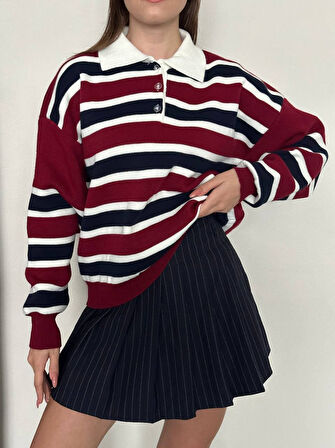 Çizgi Detaylı Düğme Yaka Triko Kazak