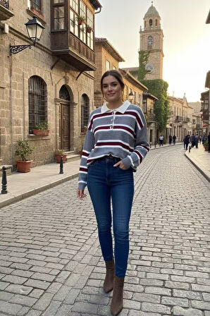 Polo Yaka Çizgili Önü Düğmeli Kazak