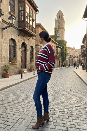 Polo Yaka Çizgili Önü Düğmeli Kazak